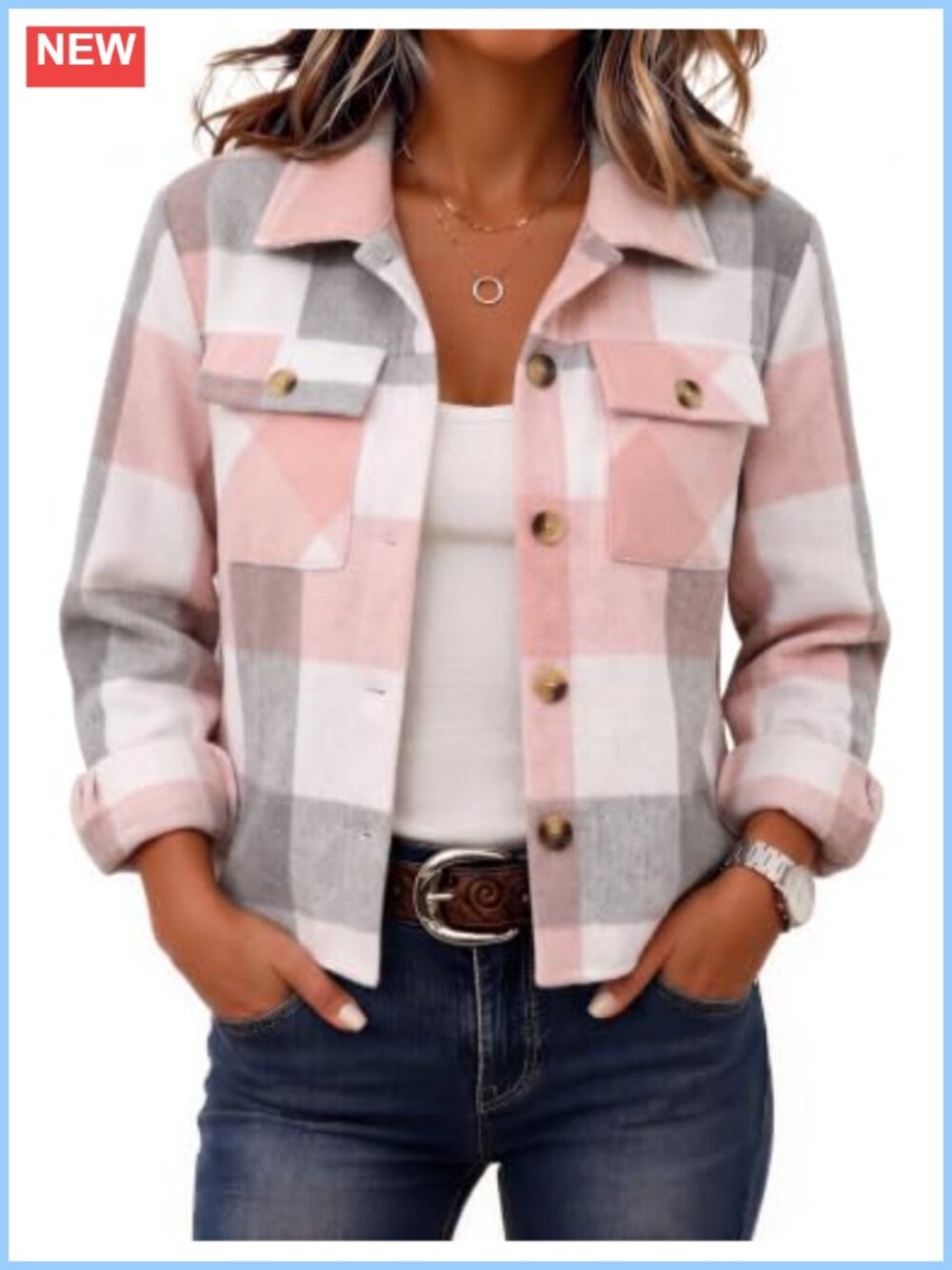 Cropped Flannel Jacket for Women - Plaid Casual Shacket, Button Up